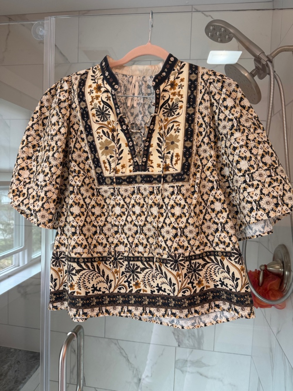 Anthropologie Floral Embroidered Peasant Tunic - Cream, Black & Gold